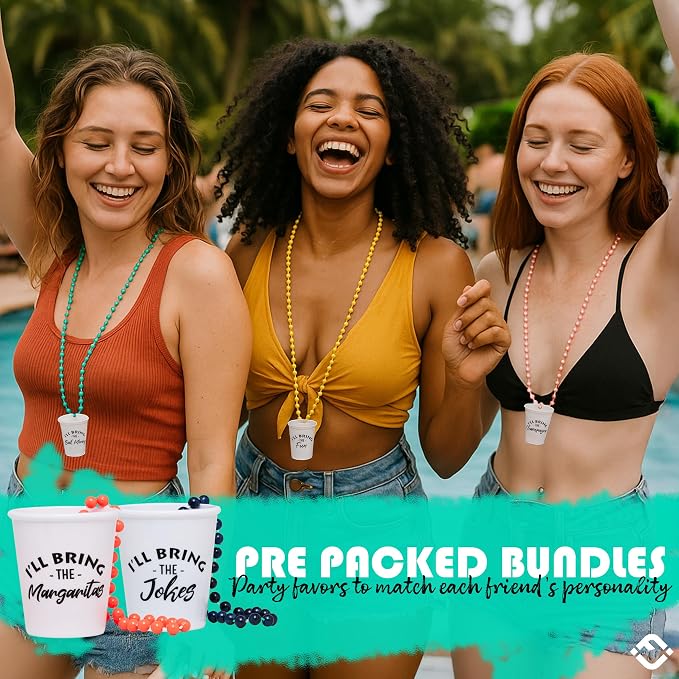 Funky Junque Bride Shot Glass Necklace Set - Bachelorette Party Shot Glass Necklaces with Fun Phrases for Girls Night out - 6 Pack - Girls Night Pack