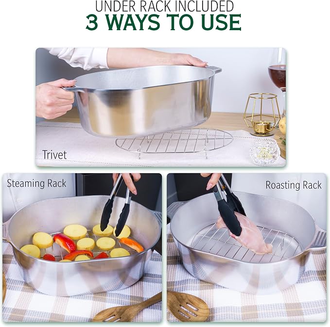 MAGNAWARE Cast Aluminum Oval Dutch Oven with Lid - 10 QT Heavy Duty & Lightweight Roaster Pan with Rack & Silicone Cover Dual Handles — Cajun Cookware for Roasting, Baking, Cooking (15" - Large)