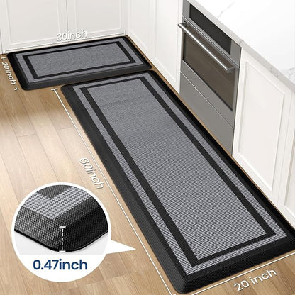 KitchenClouds [2 PCS] Kitchen Rugs Cushioned Anti-Fatigue Kitchen Mats for Floor Waterproof Kitchen Rug Set Non-Slip Comfort Standing Mat for Office, Sink, Laundry 20"×30"+20"×60",Black
