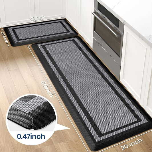 KitchenClouds [2 PCS] Kitchen Rugs Cushioned Anti-Fatigue Kitchen Mats for Floor Waterproof Kitchen Rug Set Non-Slip Comfort Standing Mat for Office, Sink, Laundry 20"×30"+20"×60",Black