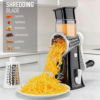Zulay Kitchen Rotary Cheese Grater 5 Blade Cheese Shredder - Manual Hand Crank Cheese Grater With Reinforced Suction & 5 Interchangeable Drums - Easy to Use, Vegetable Chopper Round Mandoline Slicer