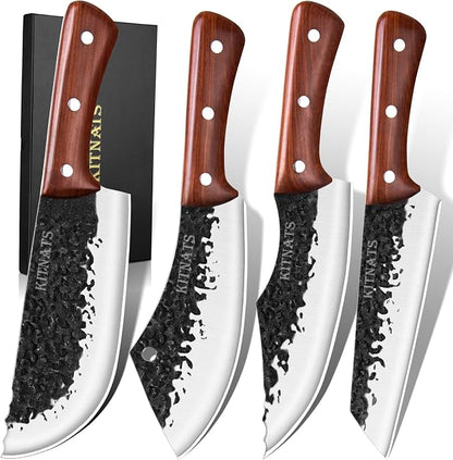 KITNATS 4PCS Hand Forged Butcher Knife Set - Kiritsuke Knives, Meat Cleaver Knife, Boning Knives, Butcher Knives, High Carbon Steel Meat Cutting Knives for Home Kitchen & Outdoor…