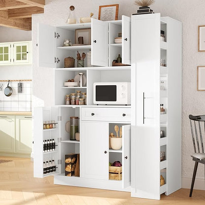 VilroCaz Farmhouse Style Large Kitchen Pantry with Hutch, Freestanding Wood Storage Cabinet Cupboard with Pull-Out Side Cabinet, Door Shelves and Drawer (White-6.10)