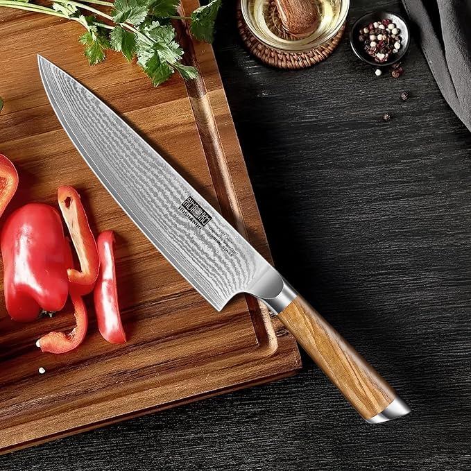 HOSHANHO 5 Pieces Kitchen Knife Sets, Ultra Sharp Professional Damascus Super Steel Chef Knives Sets with Ergonomic Olive Wood Handle, Including Chef, Bread, Santoku, Utility & Paring Knives