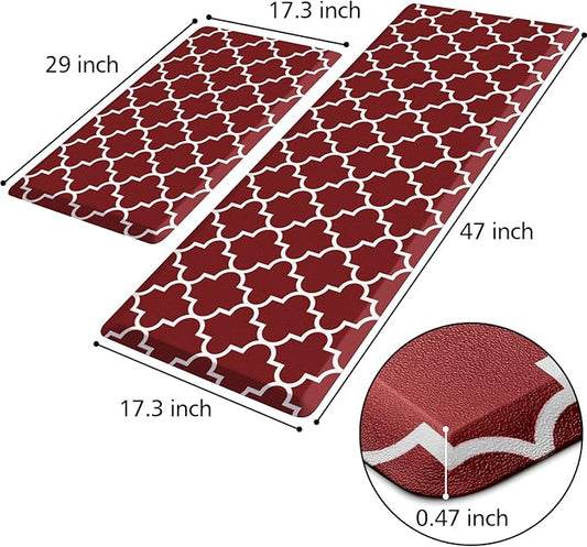 KMAT Kitchen Mat [2 PCS] 0.47inch Cushioned Anti-Fatigue Kitchen Rug, Waterproof Non-Skid Kitchen Mats and Rugs Heavy Duty PVC Ergonomic Comfort Standing Mat for Kitchen, Floor Home, Office, Sink, Red