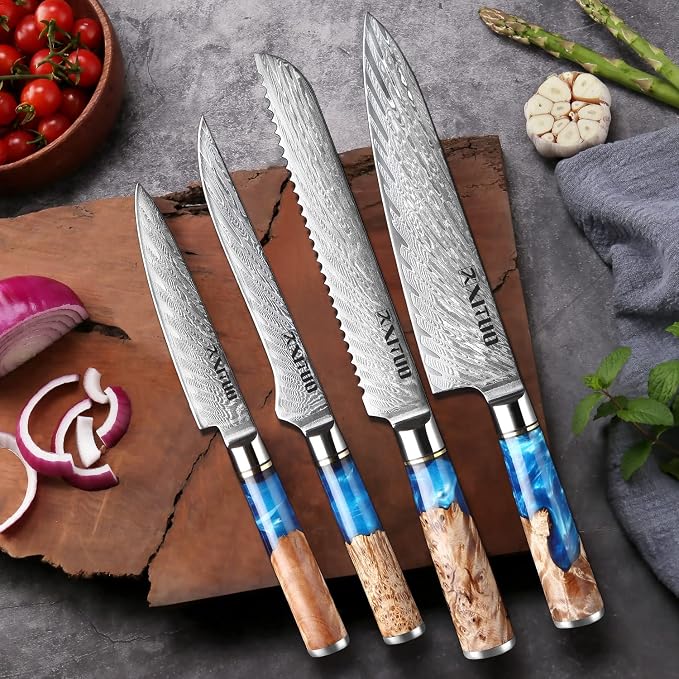 XITUO VG10 Damascus Steel 4-Piece Japanese Chef Knife Set, Blue Resin & Wood Handle, 8" Chef Knife, 8" Bread Knife, 6" Boning Knife, 5" Utility Knife, Gift Box
