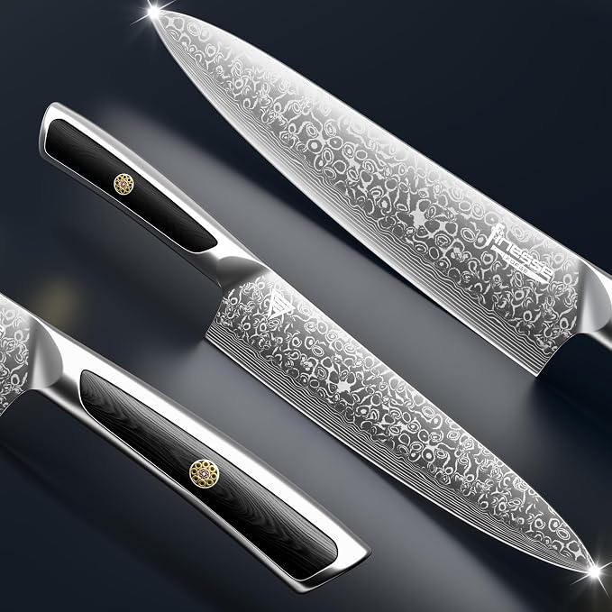 8" Professional Chef Knife, 67-Layer Damascus Steel Kitchen Knife with Ergonomic Handle, Premium Knife for Home & Professional Cooking + Leather Sheath & Gift Box