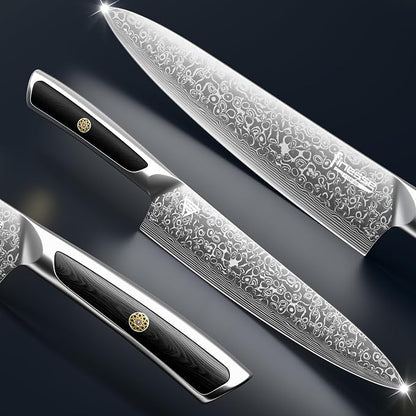 8" Professional Chef Knife, 67-Layer Damascus Steel Kitchen Knife with Ergonomic Handle, Premium Knife for Home & Professional Cooking + Leather Sheath & Gift Box