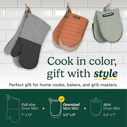 Cuisinart Mini Oven Mitts – 5.5” x 8” Heat-Resistant Kitchen Mitts for Oven with Non-Slip Printed Silicone, Cotton Filling, and Faux Leather Loop – Durable Oven Mitt Set for Cooking & Baking