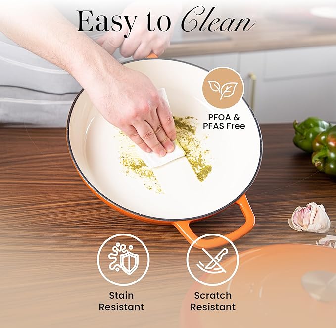 Shallow Cast Iron Casserole with Lid – Non Stick Dutch Oven Pot, Oven Safe up to 500° F – Sturdy Ovenproof Stockpot Cookware – Enamelled Cooking Pot – Orange, 3.7-Quart, 30cm – by Nuovva