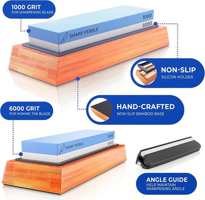 Sharp Pebble Premium Whetstone Knife Sharpening System – 1000/6000 Grit Whetstone Knife Sharpener & Honing Kit with Angle Guide & Non-Slip Bamboo Base – Guided Beginner Instructions