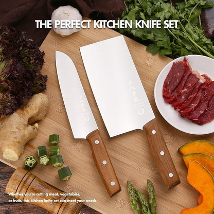 SHI BA ZI ZUO 2 PCS Chinese Kitchen Knife and Santoku Knife Kitchen Knife Set Chef Knife for Cutting Meat and Vegetables,with Ergonomic Design Wooden Handle