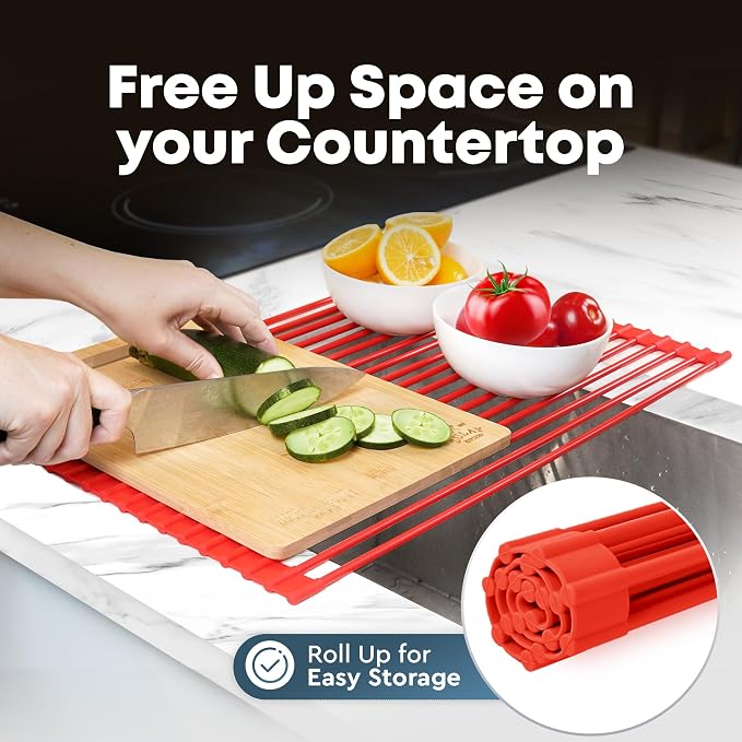 Zulay Kitchen Large Roll Up Dish Drying Rack - Heavy Duty Silicone Wrapped Steel Rods Over Sink Dish Drying Rack - Versatile Roll Up Sink Drying Rack & Trivet - Red,20.5 inches x 13 inches