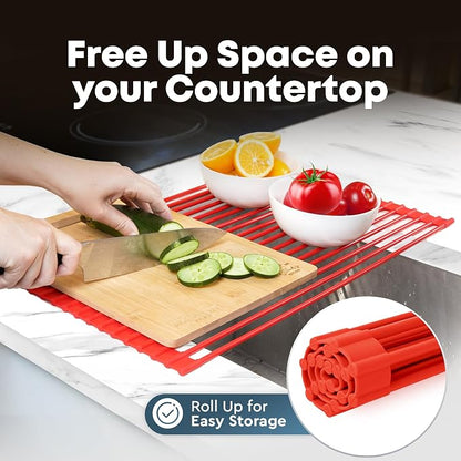 Zulay Kitchen Large Roll Up Dish Drying Rack - Heavy Duty Silicone Wrapped Steel Rods Over Sink Dish Drying Rack - Versatile Roll Up Sink Drying Rack & Trivet - Red,20.5 inches x 13 inches