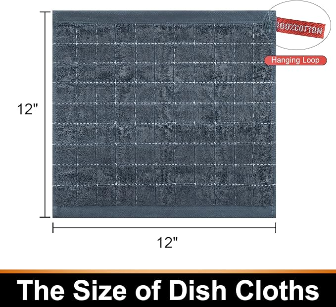 Mordimy 100% Cotton Terry Cloth Dish Cloths, Soft and Absorbent Checkered Dish Towels, Quick Drying Dish Rags for Washing Dishes, 6 Pack, 12 x 12 Inches, Grey