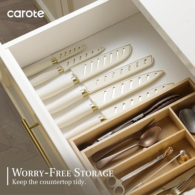 CAROTE 12PCS Kitchen Knife Set, Healthy Gold Titanium Coating Knife Set, Dishwasher Safe with 6 Blade Guards, Rustproof Stainless Steel Cutlery Set, White and Gold