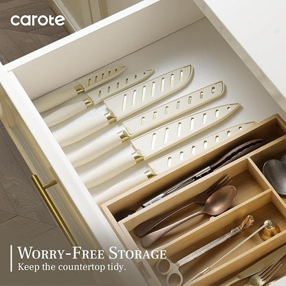 CAROTE 12PCS Kitchen Knife Set, Healthy Gold Titanium Coating Knife Set, Dishwasher Safe with 6 Blade Guards, Rustproof Stainless Steel Cutlery Set, White and Gold