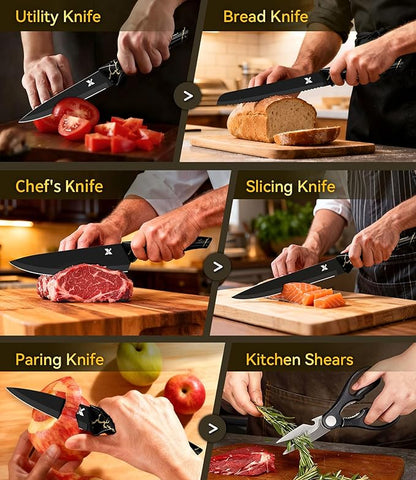 Knife Set, 8 Pieces Kitchen Knife Block Sets, High Carbon German Stainless Steel, Dishwasher Safe Cutlery with Sharpener, Black
