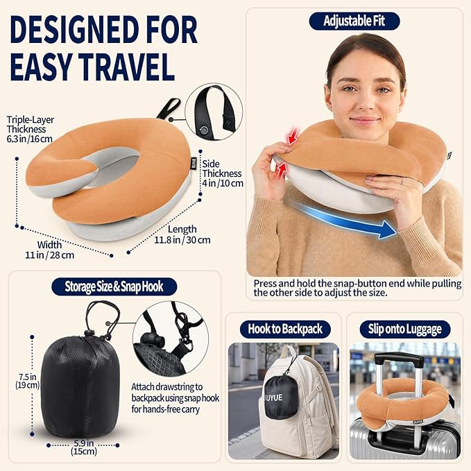 BUYUE Travel Neck Pillows for Airplanes, Memory Foam 360° Head Support Sleep for Long Flight, Skin-Friendly & Breathable, Kit with Eye Mask, Earplugs and Storage Bag (Adult, Orange, 90+ lbs)
