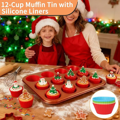 Baking Pans Set 6-Pieces, Non Stick Bakeware Set Stackable, with Cookie Sheet, Muffin, Round/Square Cake Pan, Loaf Pan, Rack, Oven Mitt for Home Baker, Gold