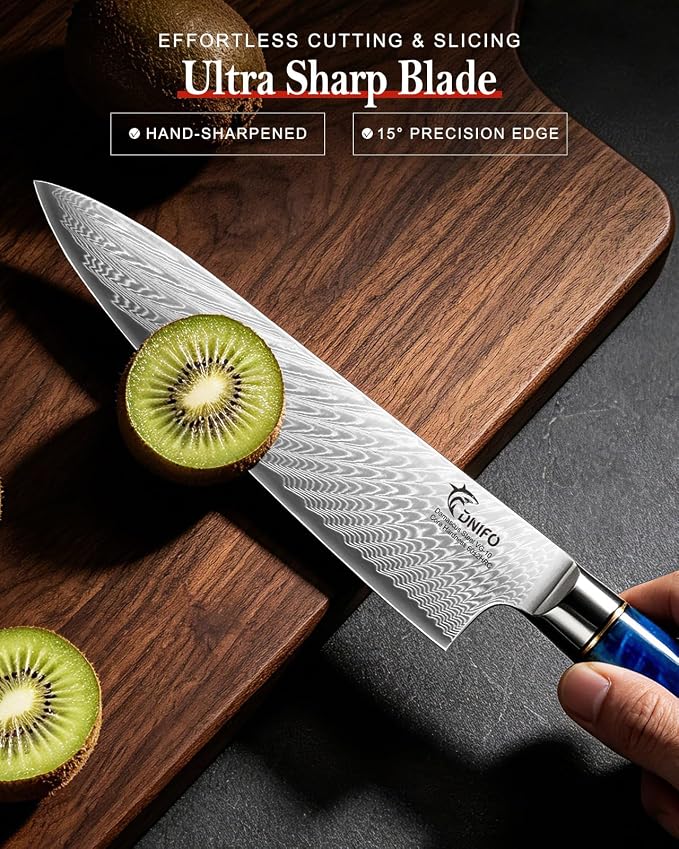 Japanese Chef Knife, 8 Inch Damascus Kitchen Knife with 67-Layer Damascus Steel & VG10 Core, Ultra Sharp Cooking Knife with Ergonomic Blue Resin Wooden Handle, Ideal Gift for Men and Women