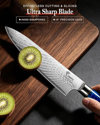 Japanese Chef Knife, 8 Inch Damascus Kitchen Knife with 67-Layer Damascus Steel & VG10 Core, Ultra Sharp Cooking Knife with Ergonomic Blue Resin Wooden Handle, Ideal Gift for Men and Women