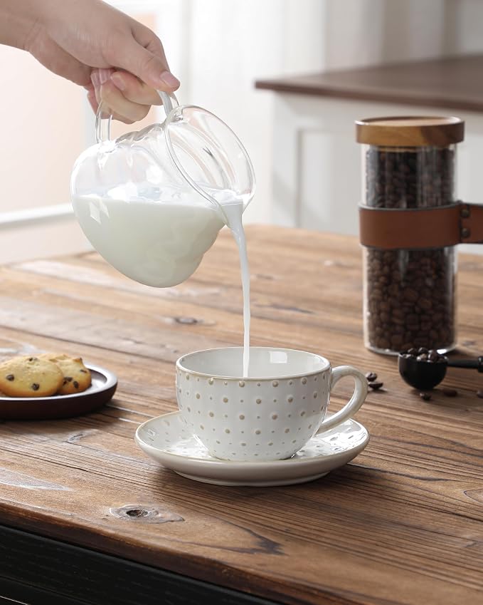 MALACASA 8 OZ Cappuccino Cups with Saucers Set of 4 - Ceramic Stackable Tea Cups and Saucers, Embossment Coffee Mugs for Tea, Latte and Mocha, Dishwasher Safe, Arctic white, LYDIA Series