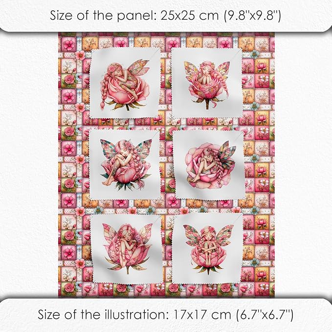 ‍ Pink Fairy Patchwork Cotton Fabric Panel – 6 Designs (10×10 inch Each) + Bonus Patchwork Sheet 29.5×19.6 inch, 100% Cotton 140 GSM