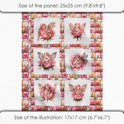 ‍ Pink Fairy Patchwork Cotton Fabric Panel – 6 Designs (10×10 inch Each) + Bonus Patchwork Sheet 29.5×19.6 inch, 100% Cotton 140 GSM