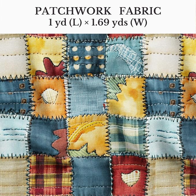 Patchwork Cotton Fabric Panel 61 x 36.6 Inches, Rustic Quilt Style Squares with Heart Motifs, Multicolor Vintage Design, 100% Cotton 140 GSM