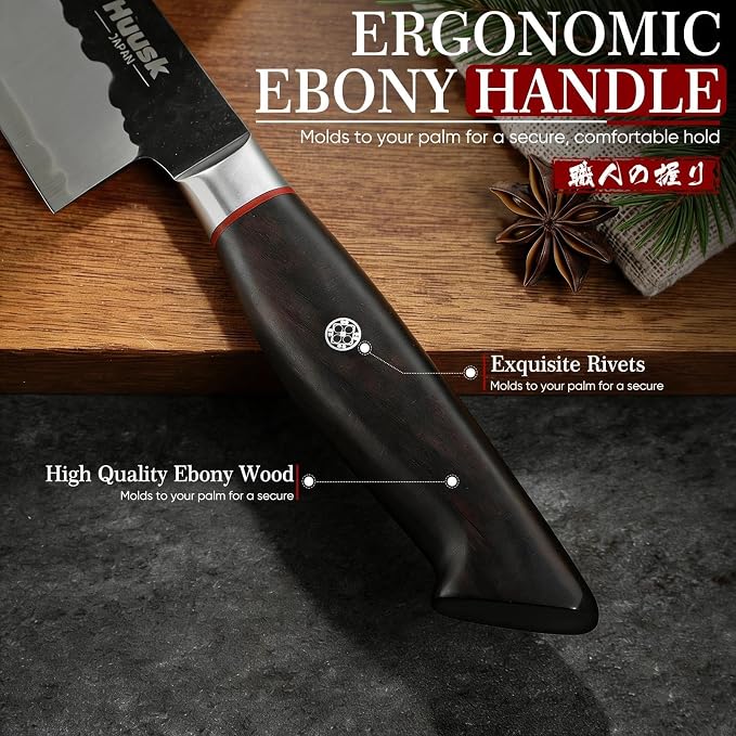 Huusk Santoku Japanese Chef Knife - Hand Forged Chef's Knives with VG10 Steel Core, Ultra Sharp 8 inch Kitchen Knife with Ergonomic Ebony Handle, Premium Wooden Gift Box for Men Women