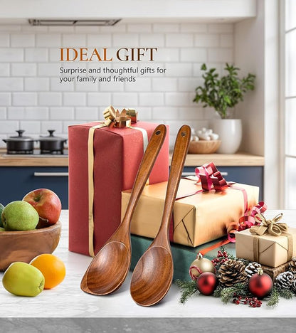 2Pcs Wooden Spoons for Cooking, Natural Premium Teak Wood Spoon & Corner Spoon, Good Grip Large Cooking Spoons Spatula, Heat Resistant Wooden Kitchen Cooking Utensils Set for Nonstick Cookware