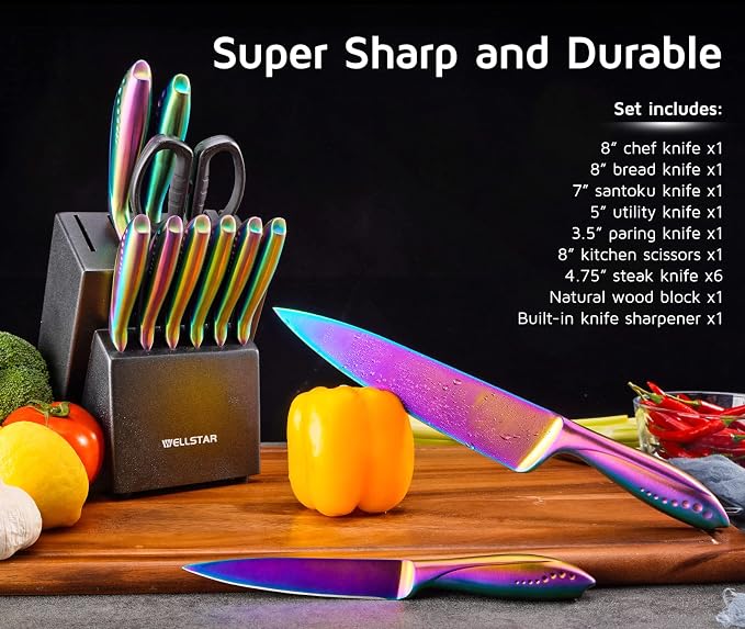 WELLSTAR Rainbow Knife Set 14 Pieces, Iridescent German Stainless Steel Kitchen Knives Set with Wooden Block, Colorful Titanium Coating, Chef’s Knife Block Set with Scissors and Built-in Sharpener