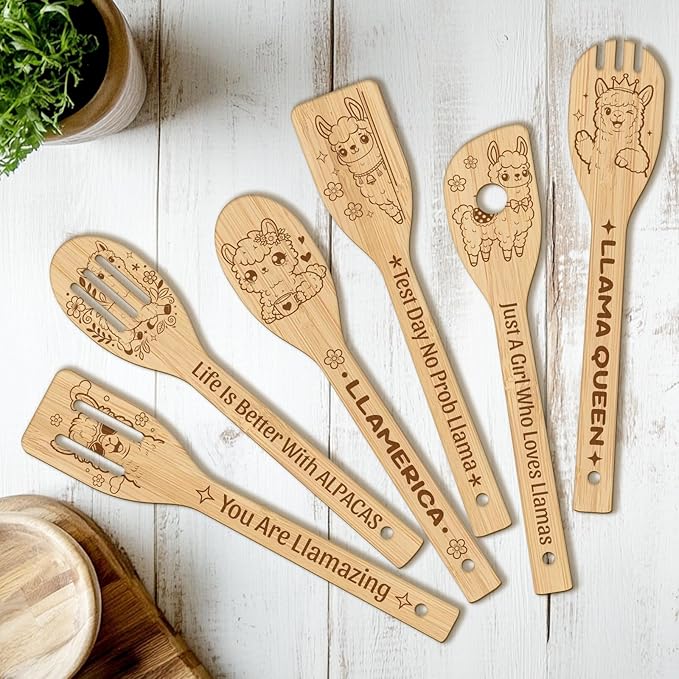 CUTHOLLOW 6PCS Alpacas Wooden Kitchen Cooking Utensil Set, 11.9in Non Toxic Bamboo Wood Spoon Set for Cooking, Best Housewarming Birthday Thanksgiving Christmas Gift for Women Mother