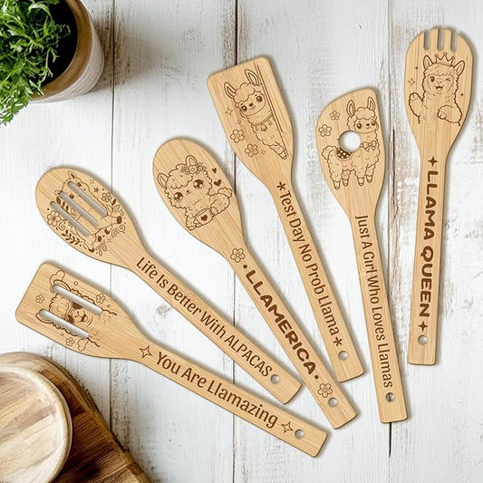 CUTHOLLOW 6PCS Alpacas Wooden Kitchen Cooking Utensil Set, 11.9in Non Toxic Bamboo Wood Spoon Set for Cooking, Best Housewarming Birthday Thanksgiving Christmas Gift for Women Mother