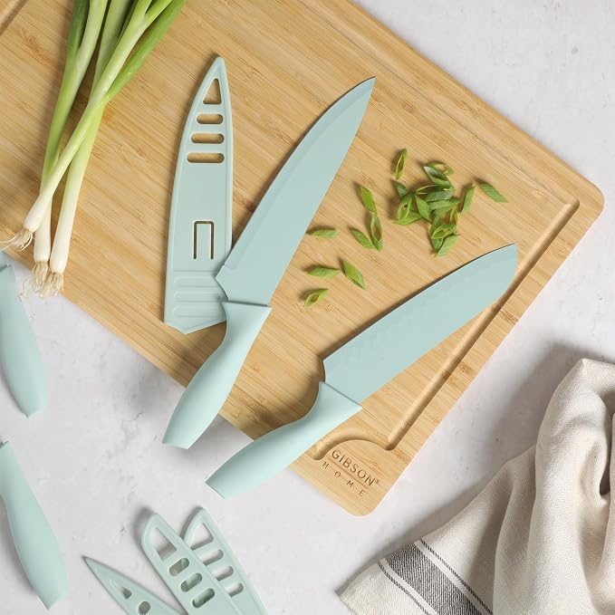 Gibson Home Bostonville 12 Piece Kitchen Knives Set W/Blade Guards/Sheaths, Chef Knife Sets With Nonstick Blades - Blue