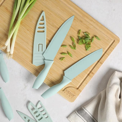 Gibson Home Bostonville 12 Piece Kitchen Knives Set W/Blade Guards/Sheaths, Chef Knife Sets With Nonstick Blades - Blue