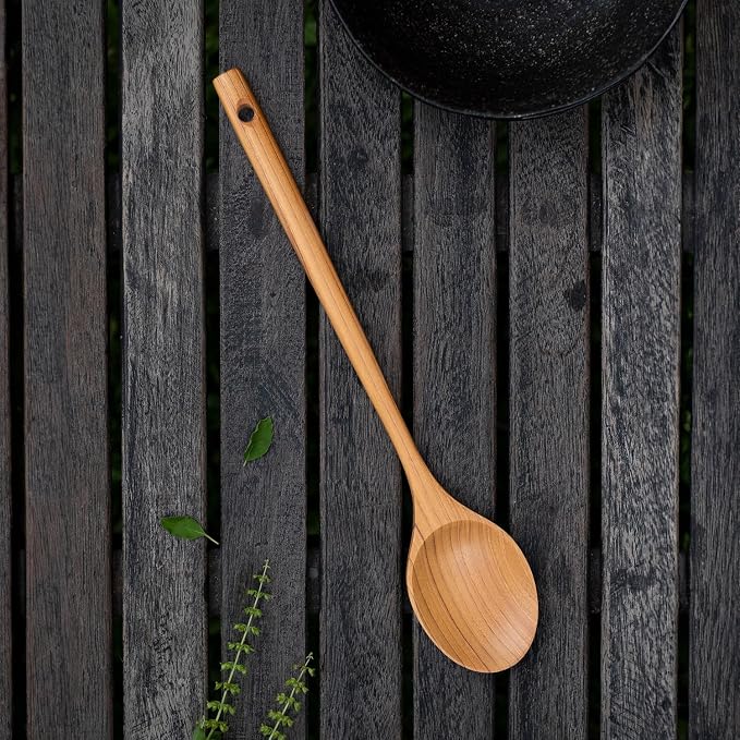 FAAY 12 Inches Teak Flat Spoon, Wooden Spoons for Cooking, Handcrafted Utensil Tools from High Moist Resistance Golden Teak Wood | Durable, Healthy for Non Stick Cookware