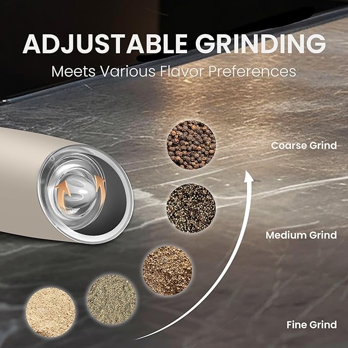 Battery Operated Salt And Pepper Grinder Set with LED Light, Automatic Electric Gravity Salt And Pepper Shakers Set, Each 6 AAA Batteries Needed, Adjustable Roughness, 2 Pack (Khaki)