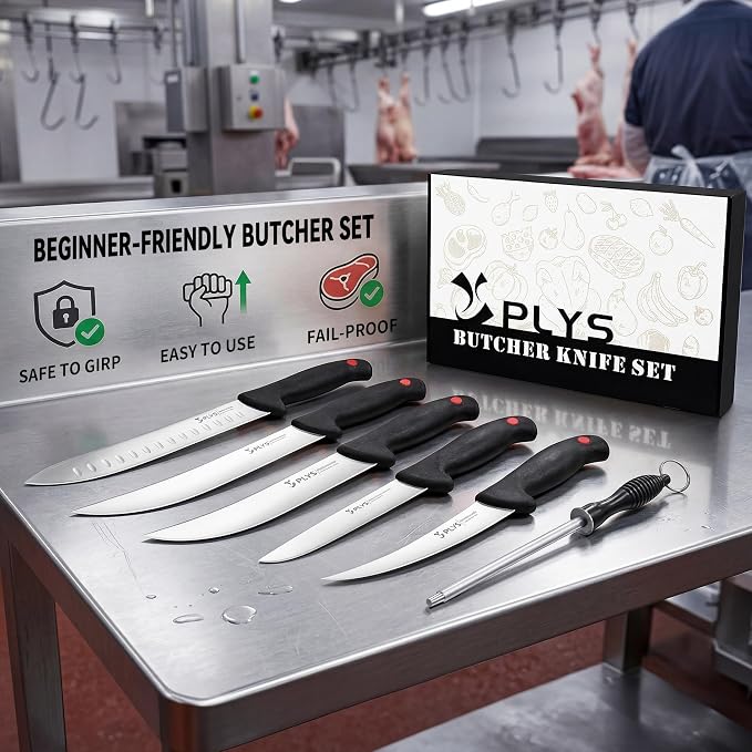 Plys Butcher Knife Set 7-PCS: 6 inch Boning Knife for Meat Cutting and Game Processing - 4Cr13Mov Stainless Steel BBQ and Outdoor Activities Skinning Knives