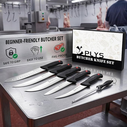 Plys Butcher Knife Set 7-PCS: 6 inch Boning Knife for Meat Cutting and Game Processing - 4Cr13Mov Stainless Steel BBQ and Outdoor Activities Skinning Knives