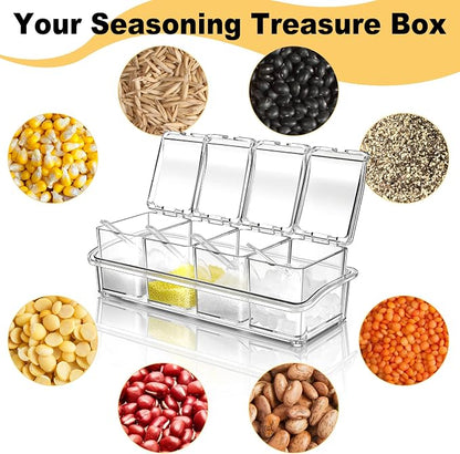 Bokon 4 Set Acrylic Seasoning Box with Spoons, 16 Compartments Clear Spice Organizer, Kitchen Condiment Containers with Lids for Salt, Sugar, Candy