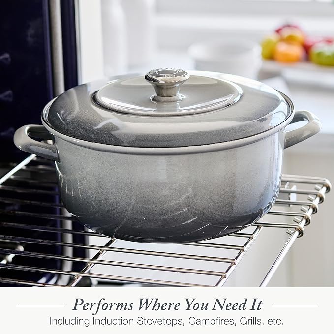 Merten & Storck 5.3QT Round Dutch Oven Casserole Pot with Lid, European Crafted Enameled Iron Stockpot, Induction & All Cooktops, Braising, Stews, Roasting, Slow Cooking, Sourdough, Cloud Gray