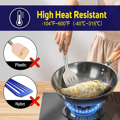 HOTEC Silicone Spatula Set of 2 Heat-Resistant 600°F & BPA-Free Kitchen SaptulaTurner with Stainless Steel Handles, Slotted & Solid Spatulas for Nonstick Cookware, 13.7 Inch, Khaki