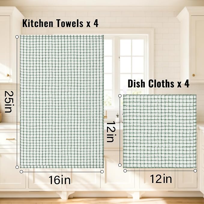 Homaxy Kitchen Towels and Dishcloths Set, 16 x 25 and 12 x 12 Inches, Set of 12 Cotton Terry Kitchen Dish Towels, Super Soft and Absorbent Dish Cloths, Grass Green