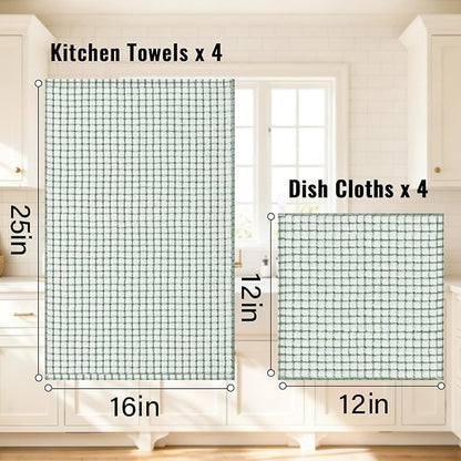 Homaxy Kitchen Towels and Dishcloths Set, 16 x 25 and 12 x 12 Inches, Set of 8 Cotton Terry Kitchen Dish Towels, Super Soft and Absorbent Dish Cloths, Grass Green