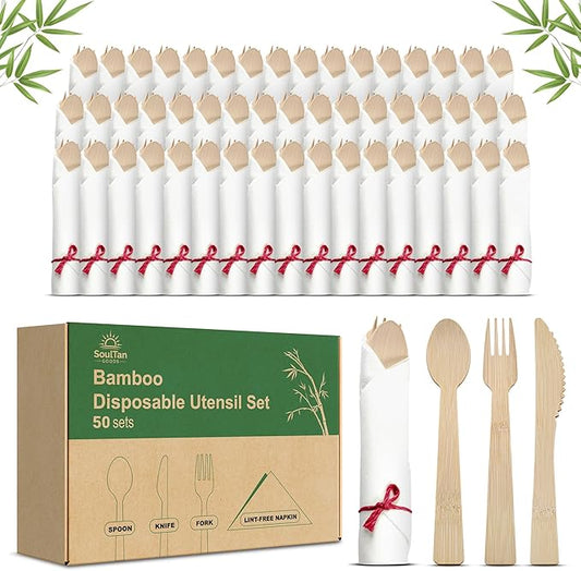 Prerolled Disposable Bamboo Cutlery Set – 50 Pack Pre Wrapped Silverware and Napkin Bundle with Forks, Knives, Spoons for Parties, Weddings, Events, and BBQ (Red String)
