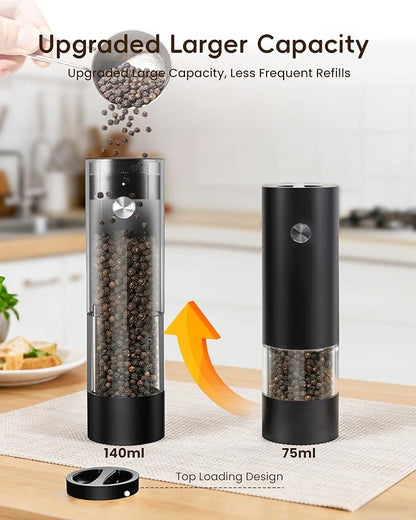 Electric Salt and Pepper Grinder Set, Rechargeable USB Base, Automatic One-Hand Operation, 6 Adjustable Coarseness, 140ml Capacity, LED Light, Refillable for Kitchen, Housewarming Gift