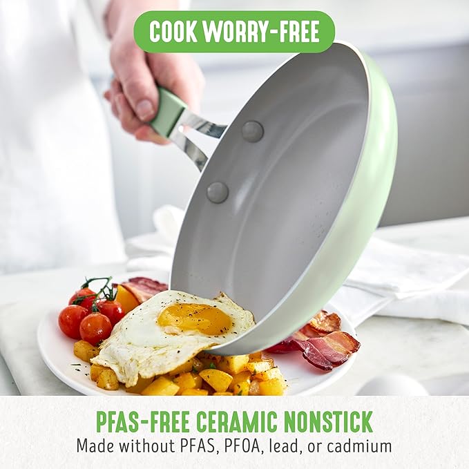 GreenLife 10-Piece Nonstick Ceramic Cookware Set, Lightweight Healthy PFAS-Free Pots & Pans with Lids, Dishwasher & Oven Safe, Durable Body, Silicone Stay-Cool Handles, Easy Release, Sage Green
