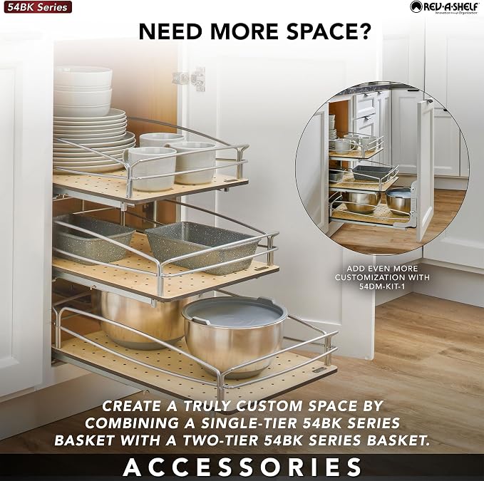 Rev-A-Shelf Pull Out Kitchen Cabinet Storage Organizer with Solid Bottom and Undermount Soft-Close Full Extension Slides, 54BK-15SC-1